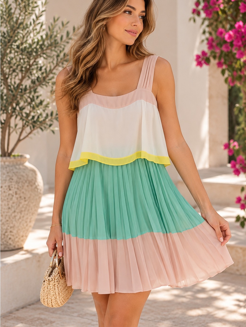 Maeve Colorblock Pleated Mini Dress - Pink, Mint & Yellow